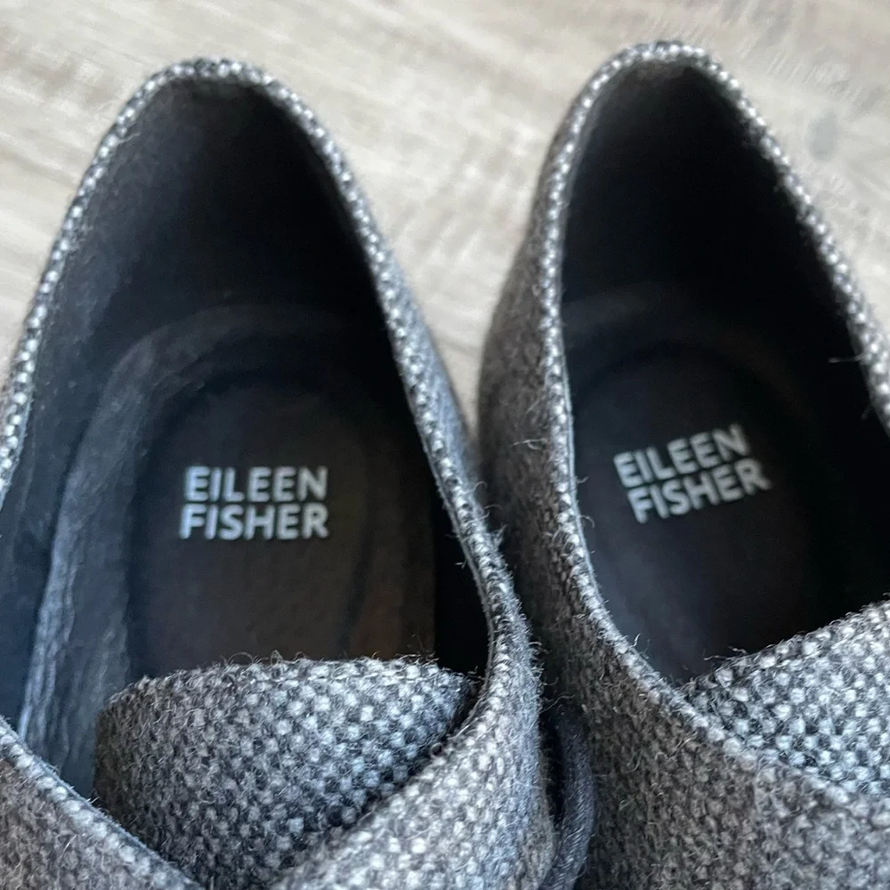 Eileen Fisher Eddy Tweed Platform Oxford Shoe Gray/Black Eclectic Grandpa SZ 10